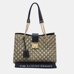 Pre Owned Gucci Black/Beige Bee Print GG Supreme Canvas Medium Padlock Shoulder Bag