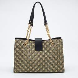 Pre Owned Gucci Black/Beige Bee Print GG Supreme Canvas Medium Padlock Shoulder Bag