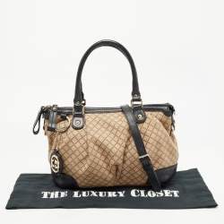 Pre Owned Gucci Black/Beige Diamond Canvas and Leather Medium Sukey Tote