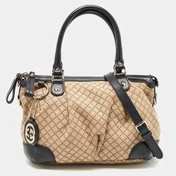 Pre Owned Gucci Black/Beige Diamond Canvas and Leather Medium Sukey Tote