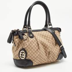 Pre Owned Gucci Black/Beige Diamond Canvas and Leather Medium Sukey Tote
