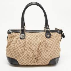 Pre Owned Gucci Black/Beige Diamond Canvas and Leather Medium Sukey Tote