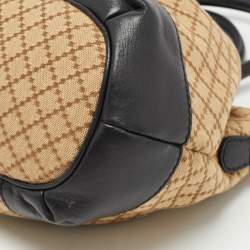 Pre Owned Gucci Black/Beige Diamond Canvas and Leather Medium Sukey Tote