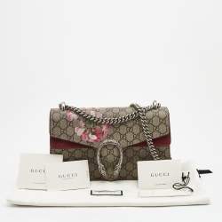Pre Owned Gucci Burgundy/Beige GG Supreme Canvas and Suede Small Blooms Dionysus Shoulder Bag