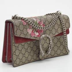 Pre Owned Gucci Burgundy/Beige GG Supreme Canvas and Suede Small Blooms Dionysus Shoulder Bag