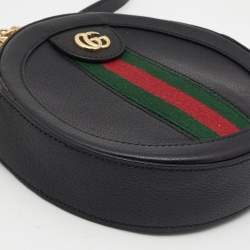 Pre Owned Gucci Black Leather Mini Web Ophidia GG Round Shoulder Bag