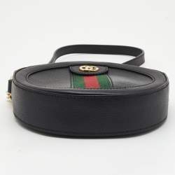Pre Owned Gucci Black Leather Mini Web Ophidia GG Round Shoulder Bag