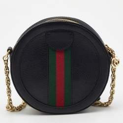 Pre Owned Gucci Black Leather Mini Web Ophidia GG Round Shoulder Bag