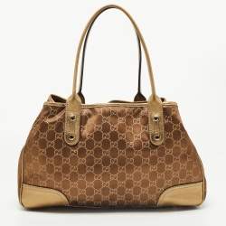Pre Owned Gucci Gold/Brown GG Satin and Leather Princy Tote