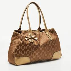 Pre Owned Gucci Gold/Brown GG Satin and Leather Princy Tote