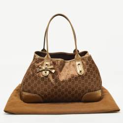 Pre Owned Gucci Gold/Brown GG Satin and Leather Princy Tote
