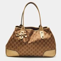 Pre Owned Gucci Gold/Brown GG Satin and Leather Princy Tote