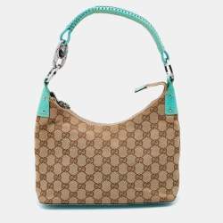 Pre Owned Gucci Beige/Green GG Canvas and Leather Hobo