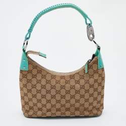 Pre Owned Gucci Beige/Green GG Canvas and Leather Hobo