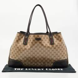Pre Owned Gucci Brown/Beige GG Crystal Canvas and Leather Large Princy Tote