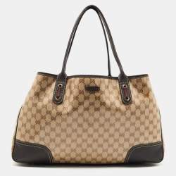 Pre Owned Gucci Brown/Beige GG Crystal Canvas and Leather Large Princy Tote