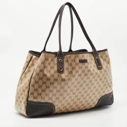 Pre Owned Gucci Brown/Beige GG Crystal Canvas and Leather Large Princy Tote
