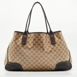 Pre Owned Gucci Brown/Beige GG Crystal Canvas and Leather Large Princy Tote