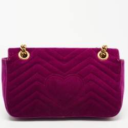 Pre Owned Gucci Magenta Matelassé Velvet Small GG Marmont Shoulder Bag