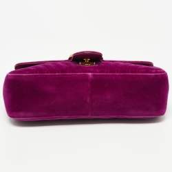 Pre Owned Gucci Magenta Matelassé Velvet Small GG Marmont Shoulder Bag