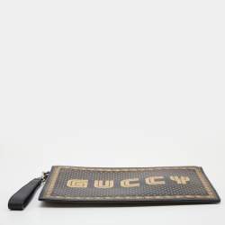 Pre Owned Gucci Black/Gold Leather 'Guccy' Zip Wristlet Clutch