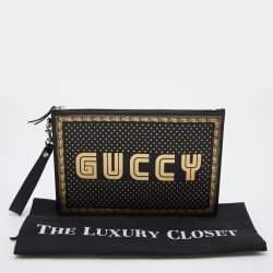 Pre Owned Gucci Black/Gold Leather 'Guccy' Zip Wristlet Clutch