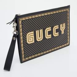 Pre Owned Gucci Black/Gold Leather 'Guccy' Zip Wristlet Clutch