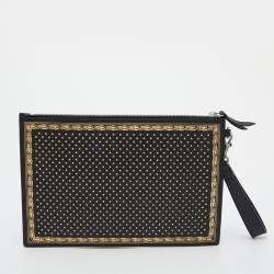Pre Owned Gucci Black/Gold Leather 'Guccy' Zip Wristlet Clutch
