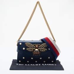 Pre Owned Gucci Blue Leather Mini Pearl Studded Queen Margaret Broadway Shoulder Bag