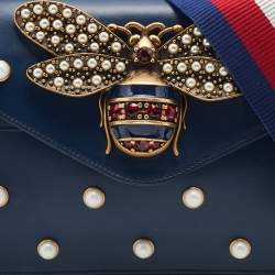 Pre Owned Gucci Blue Leather Mini Pearl Studded Queen Margaret Broadway Shoulder Bag