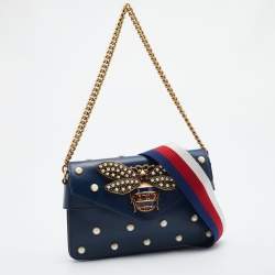 Pre Owned Gucci Blue Leather Mini Pearl Studded Queen Margaret Broadway Shoulder Bag