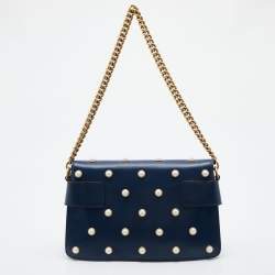 Pre Owned Gucci Blue Leather Mini Pearl Studded Queen Margaret Broadway Shoulder Bag