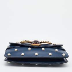 Pre Owned Gucci Blue Leather Mini Pearl Studded Queen Margaret Broadway Shoulder Bag
