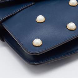 Pre Owned Gucci Blue Leather Mini Pearl Studded Queen Margaret Broadway Shoulder Bag