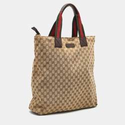 Pre Owned Gucci Beige/Brown GG Canvas Web Handle Vertical Tote