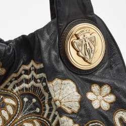 Pre Owned Gucci Black Tapestry Leather Large Hysteria Hobo