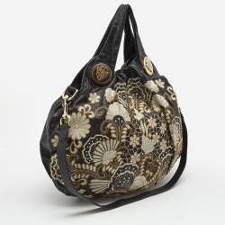 Pre Owned Gucci Black Tapestry Leather Large Hysteria Hobo