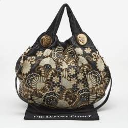 Pre Owned Gucci Black Tapestry Leather Large Hysteria Hobo