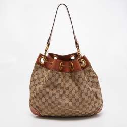 Pre Owned Gucci Brown/Beige GG Canvas Drawstring Hobo