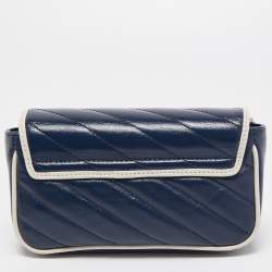 Pre Owned Gucci Dark Blue/White Diagonal Matelasse Leather Super Mini GG Marmont Bag