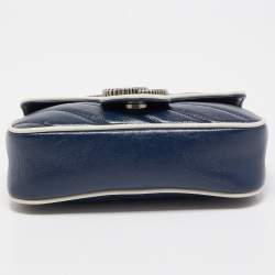 Pre Owned Gucci Dark Blue/White Diagonal Matelasse Leather Super Mini GG Marmont Bag