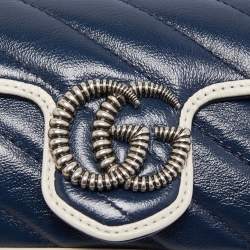 Pre Owned Gucci Dark Blue/White Diagonal Matelasse Leather Super Mini GG Marmont Bag