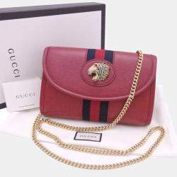 Pre Owned Gucci Red Leather Web Mini Rajah Slim Flap Shoulder Bag