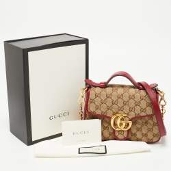Gucci Red/Beige Diagonal Quilt Canvas and Leather Mini GG Marmont Top Handle Bag