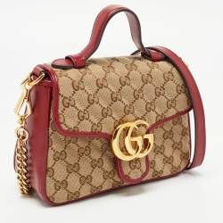 Gucci Red/Beige Diagonal Quilt Canvas and Leather Mini GG Marmont Top Handle Bag