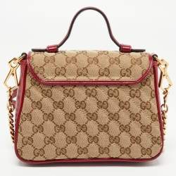 Gucci Red/Beige Diagonal Quilt Canvas and Leather Mini GG Marmont Top Handle Bag