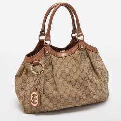 Pre Owned Gucci Bronze/Beige GG Canvas and Leather Medium Sukey Tote