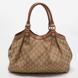 Pre Owned Gucci Bronze/Beige GG Canvas and Leather Medium Sukey Tote