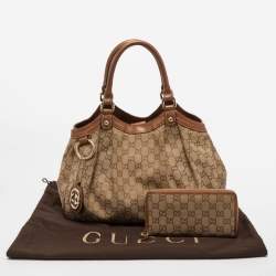 Pre Owned Gucci Bronze/Beige GG Canvas and Leather Medium Sukey Tote