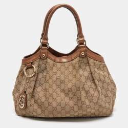 Pre Owned Gucci Bronze/Beige GG Canvas and Leather Medium Sukey Tote